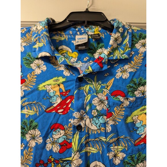The Smurfs Men’s Hawaiian Shirt XL Blue Floral Button Front Cartoon Retro Print - Picture 7 of 10